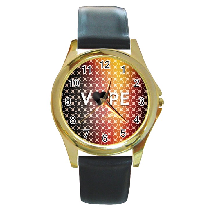 Vape Retro Pattern  Round Leather Watch (Gold Rim) 