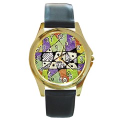 Multicolored Tribal Print Abstract Art Round Leather Watch (gold Rim)  by dflcprints