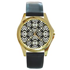 Abstract Geometric Modern Pattern  Round Leather Watch (gold Rim)  by dflcprints