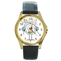 Cute Weird Caricature Illustration Round Leather Watch (gold Rim)  by dflcprints