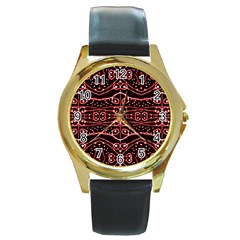 Tribal Ornate Geometric Pattern Round Leather Watch (gold Rim)  by dflcprints