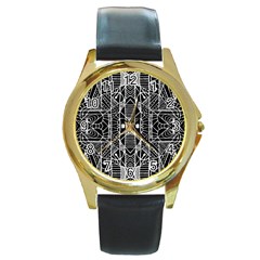 Black And White Tribal Geometric Pattern Print Round Leather Watch (gold Rim) 