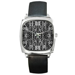 Black And White Tribal Geometric Pattern Print Square Leather Watch by dflcprints