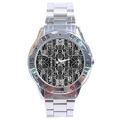 Black And White Tribal Geometric Pattern Print Stainless Steel Watch by dflcprints