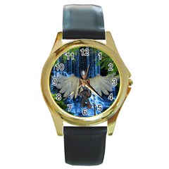 Magic Sword Round Leather Watch (gold Rim)  by icarusismartdesigns