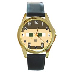 Custom Block Head Round Leather Watch (gold Rim)  by BlockCrafts