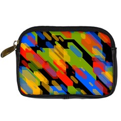 Colorful Shapes On A Black Background Digital Camera Leather Case by LalyLauraFLM