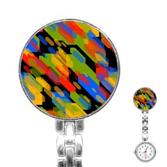 Colorful Shapes On A Black Background Stainless Steel Nurses Watch by LalyLauraFLM