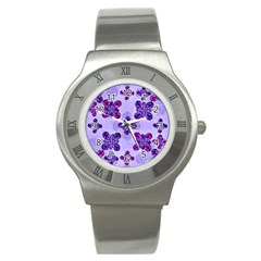 Deluxe Ornate Pattern Design In Blue And Fuchsia Colors Stainless Steel Watch (slim) by dflcprints