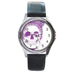 Purple Skull Bun Up Round Leather Watch (silver Rim) by vividaudacity
