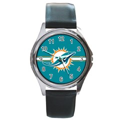 Miami Dolphins National Football League Nfl Teams Afc Round Leather Watch (silver Rim) by SportMart