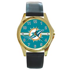 Miami Dolphins National Football League Nfl Teams Afc Round Leather Watch (gold Rim)  by SportMart