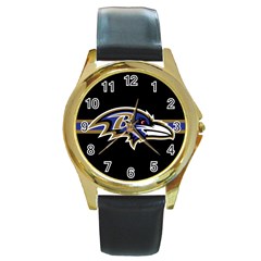 Baltimore Ravens National Football League Nfl Teams Afc Round Leather Watch (gold Rim) 