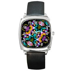 Digital Futuristic Geometric Pattern Square Leather Watch by dflcprints