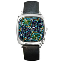 Tribal Style Colorful Geometric Pattern Square Leather Watch by dflcprints