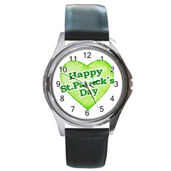 Happy St Patricks Day Design Round Leather Watch (silver Rim) by dflcprints