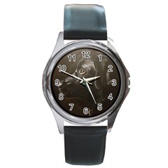 Black Lab Round Leather Watch (silver Rim) by LabsandRetrievers