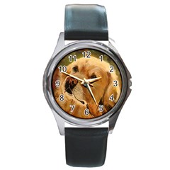 Golden Retriever Round Leather Watch (silver Rim) by LabsandRetrievers