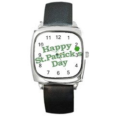 Happy St Patricks Text With Clover Graphic Square Leather Watch by dflcprints