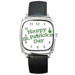 Happy St Patricks Text With Clover Graphic Square Leather Watch Front