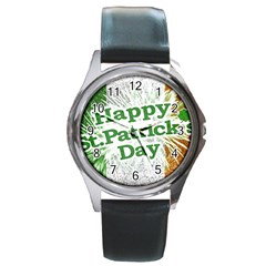 Happy St  Patricks Day Grunge Style Design Round Leather Watch (silver Rim) by dflcprints