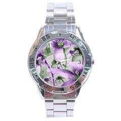 Lilies Collage Art In Green And Violet Colors Stainless Steel Watch by dflcprints