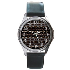 Tribal Dark Geometric Pattern03 Round Leather Watch (silver Rim) by dflcprints