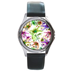 Multicolored Floral Print Pattern Round Leather Watch (silver Rim) by dflcprints