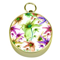 Multicolored Floral Print Pattern Gold Compass by dflcprints