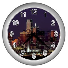 Dallas Skyline At Night Wall Clock (silver) by StuffOrSomething