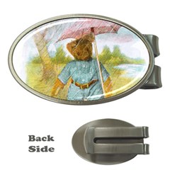 Vintage Drawing: Teddy Bear In The Rain Money Clip (oval)