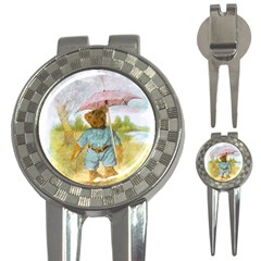 Vintage Drawing: Teddy Bear In The Rain Golf Pitchfork & Ball Marker