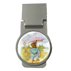 Vintage Drawing: Teddy Bear In The Rain Money Clip (round) by MotherGoose