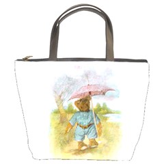 Vintage Drawing: Teddy Bear In The Rain Bucket Handbag by MotherGoose