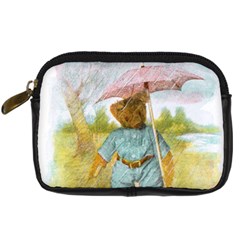 Vintage Drawing: Teddy Bear In The Rain Digital Camera Leather Case by MotherGoose