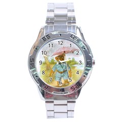 Vintage Drawing: Teddy Bear In The Rain Stainless Steel Watch