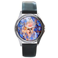 Magic Flower Round Leather Watch (silver Rim) by icarusismartdesigns