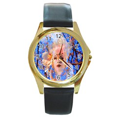 Magic Flower Round Leather Watch (gold Rim)  by icarusismartdesigns