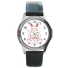 Cute Bunny With Banner Drawing Round Leather Watch (silver Rim) by dflcprints