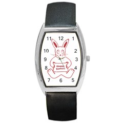 Cute Bunny With Banner Drawing Tonneau Leather Watch by dflcprints