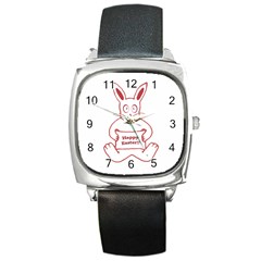 Cute Bunny Happy Easter Drawing I Square Leather Watch by dflcprints