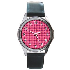 Abstract Pink Floral Tile Pattern Round Leather Watch (silver Rim) by GardenOfOphir