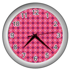 Abstract Pink Floral Tile Pattern Wall Clock (silver) by GardenOfOphir