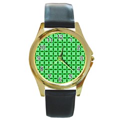Green Abstract Tile Pattern Round Leather Watch (gold Rim)  by GardenOfOphir