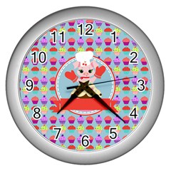 Cupcake With Cute Pig Chef Wall Clock (silver) by GardenOfOphir