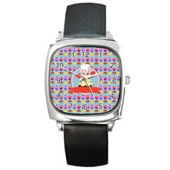 Cupcake With Cute Pig Chef Square Leather Watch by GardenOfOphir