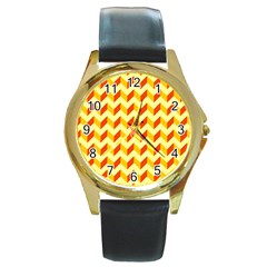 Modern Retro Chevron Patchwork Pattern  Round Leather Watch (Gold Rim) 