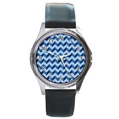 Tiffany Blue Modern Retro Chevron Patchwork Pattern Round Leather Watch (Silver Rim)