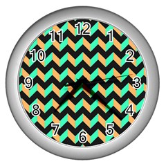 Neon And Black Modern Retro Chevron Patchwork Pattern Wall Clock (silver) by GardenOfOphir