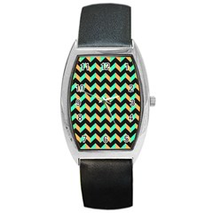 Neon And Black Modern Retro Chevron Patchwork Pattern Tonneau Leather Watch by GardenOfOphir